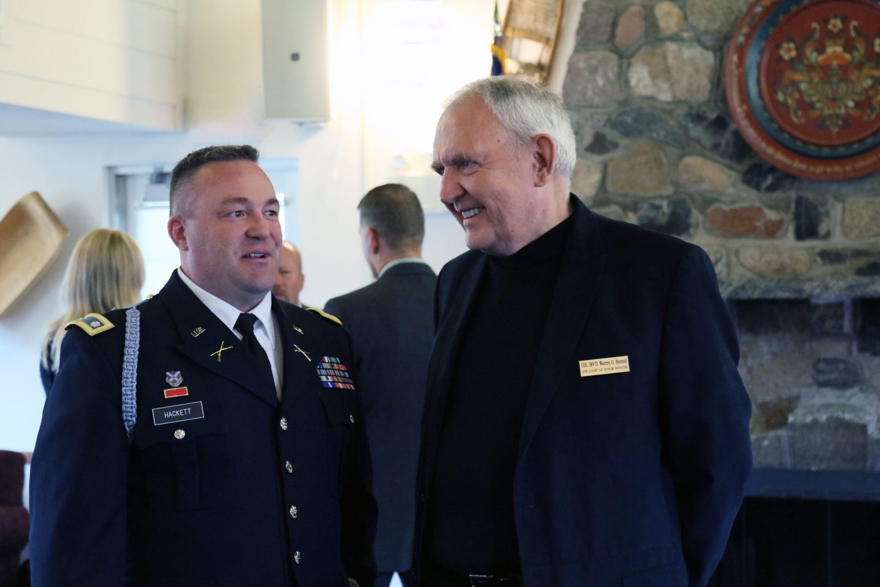 Lt. Col. Hackett and Colonel (Brevet) (Ret.) Warren G. Herreid talk prior to the Court of Honor Induction Ceremony on Camp Ripley on October 6th 2019.