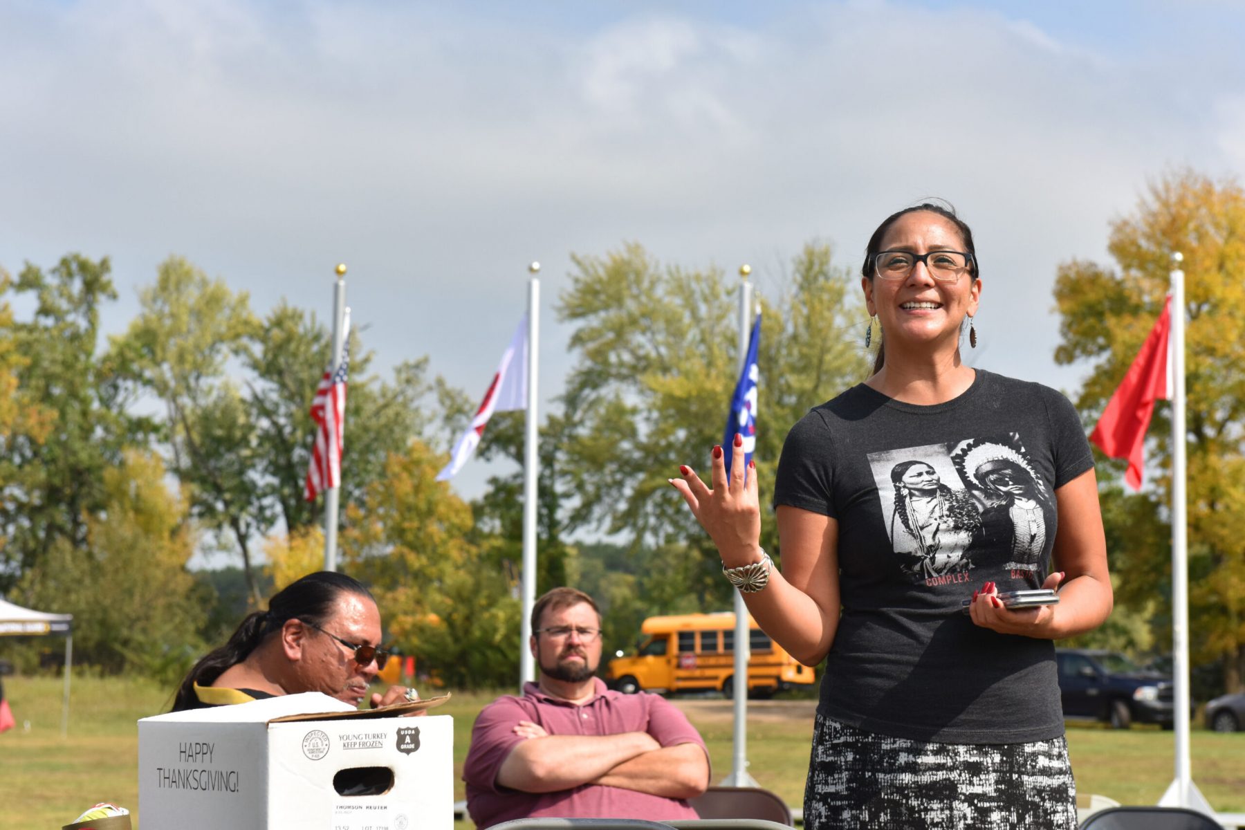 Allissa Waukau, public engagement liaison for the offices of Governor Tim Walz and Lt. Governor Peggy Flanagan shares the best wishes of our state representatives to a group of Minnesota National Guard Soldiers and tribal students during the 'Planting for the Future' event on Camp Ripley Sept. 20, 2019.