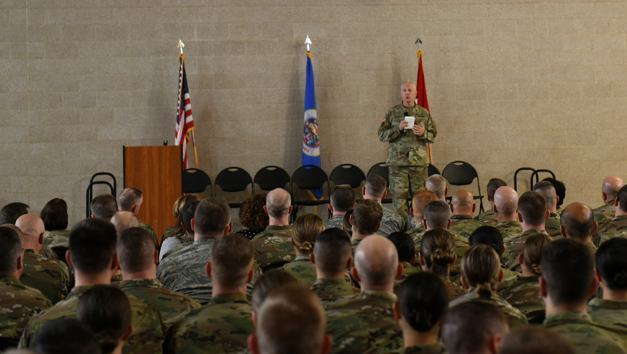 Maj. Gen. Jon Jensen, the adjutant general of the Minnesota National Guard, addresses approximately 500 Soldiers, Airmen and civilian employees during a two-hour sexual assault stand-down on April 25, 2019, at an armory in Arden Hills, Minnesota, as a part of Sexual Assault Awareness Month. Jensen discussed the organization’s sexual assault data from the past five years and provide his
plan on how to improve prevention and response programs.  (Minnesota National Guard photo by Sgt. Sebastian Nemec)